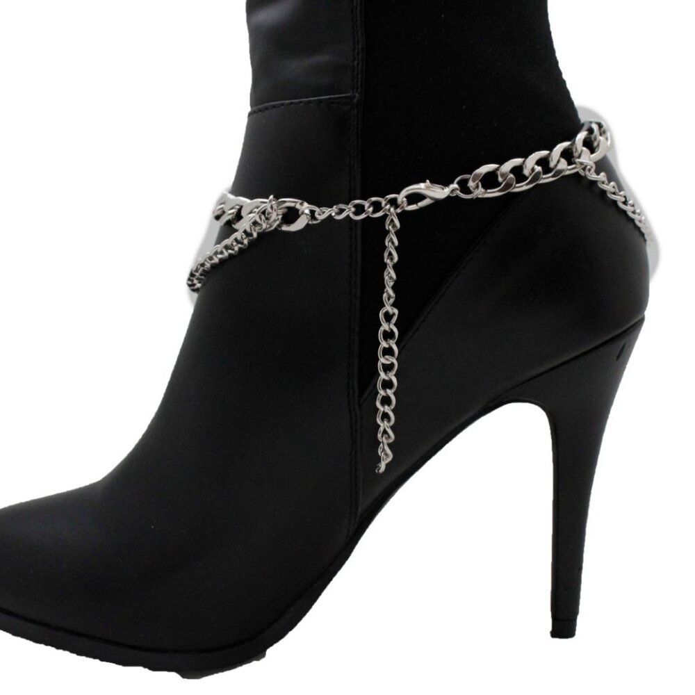 Women 2 Boots Bracelet Silver Metal Chains Skeleton Skull Anklet Shoe Charm PAIR - Picture 6 of 17